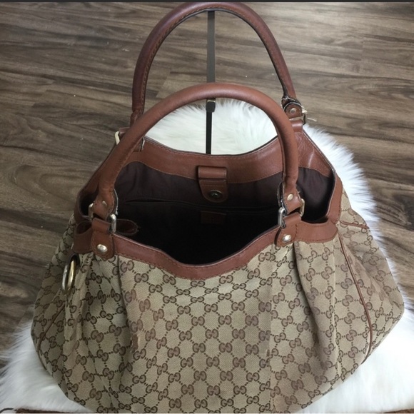 Large Gucci Sukey light brown/beige GG Monogram Canvas Leather Tote - Picture 7 of 8